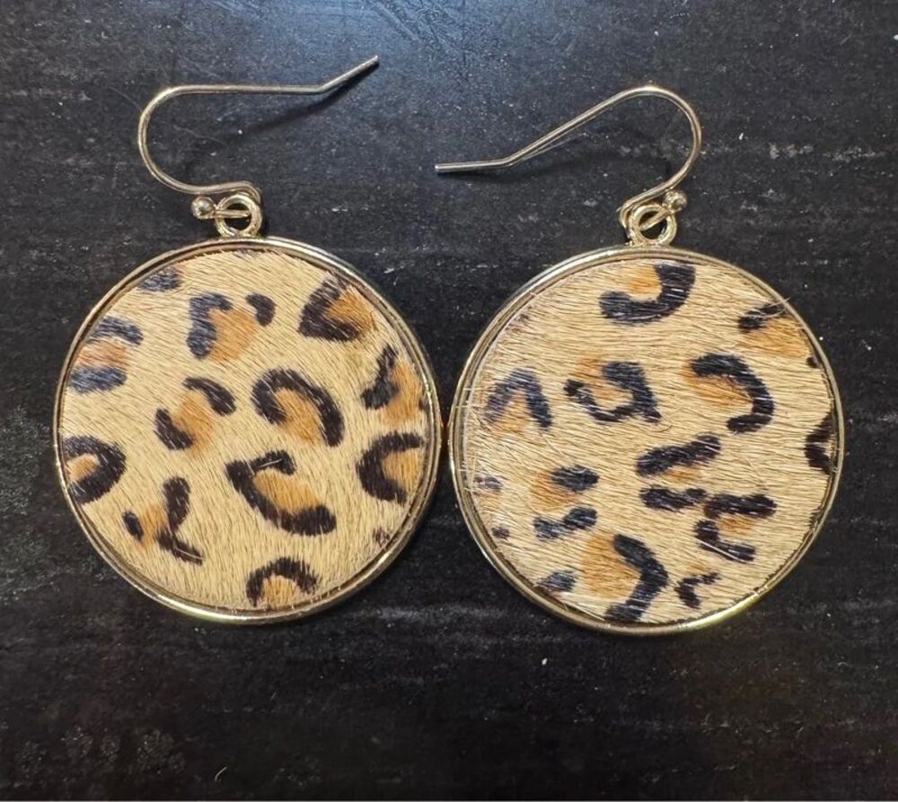 Leopard Print faux Calf Hair Circle Drop Earrings Gold Tone Boho Chic